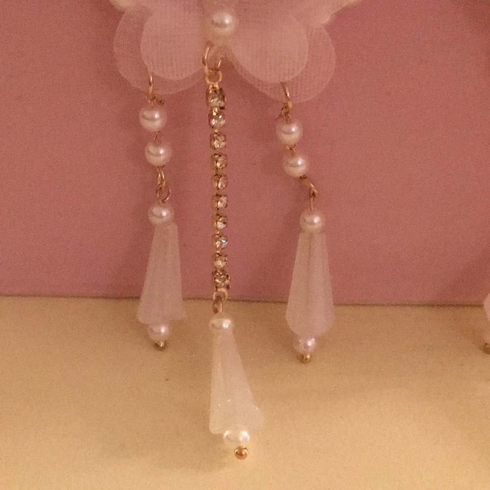 Pink Butterfly + Crystal Pearl Boho Drop Statement Earrings - Picture 6 of 11